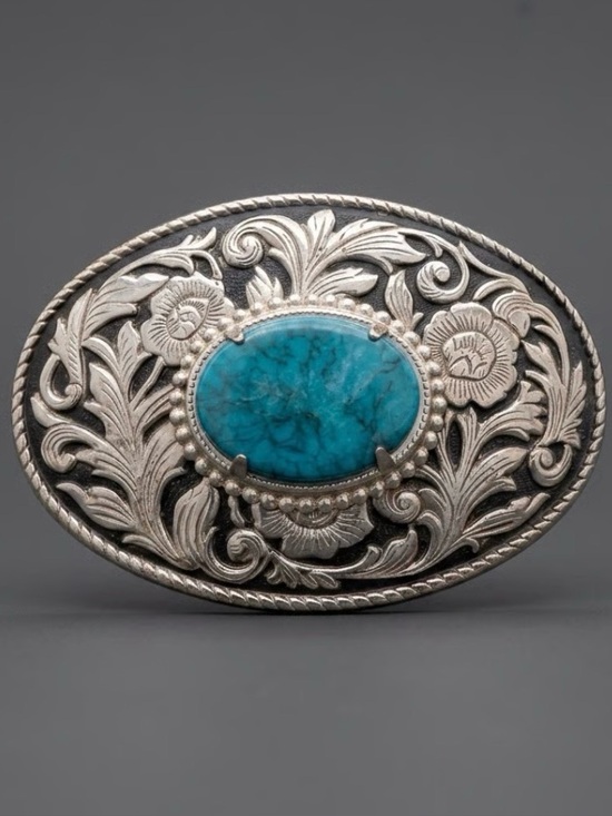 Accessories - Vintage Estate Heavy Turquoise Floral Belt Buckle 3 1/4”
